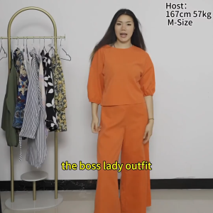 Womens Casual Retro Round Neck Solid Color Lantern Sleeve Top And Pants Two-Piece Set L2504