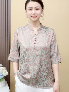 เสื้อยืดคอกลมแขนสั้นปักลายสไตล์แม่สำหรับฤดูร้อนปี 2025 เสื้อผ้าทำงานสไตล์เกาหลีสำหรับผู้หญิงวัยกลางคนหลวมๆ ปกปิดเนื้อผ้า