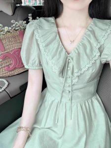 Plus Size French Style Gentle Chiffon V Neck Dress Womens Summer Plus Size Ladies Waist-Tight Slimming Puff Sleeve Tea Break Dress