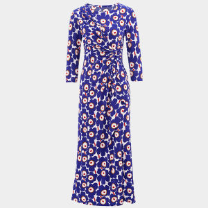 MY TENO | Elegant Blue Floral Print Dress Round Neck Gathered Waist French Style Womens Fashion Spring Autumn Season Polyester Fiber