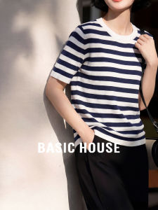 Basic House | Dark Blue Stripe Tencel Lightweight Short Sleeve Top