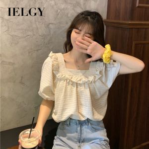 IELGY Kẻ Sọc Ống Tay Phồng Áo Sơ Mi Phụ Nữ Phần Thân Mỏng Lỏng Xương Đòn Quảng Trường Cổ Tay Ngắn