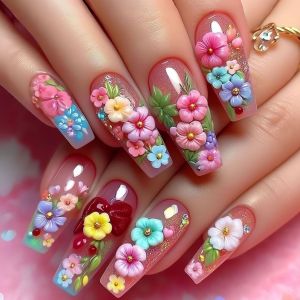 Short Medium long fake nails for women girls colorful flowers feather design Ballet square nail tips press on false nail art set