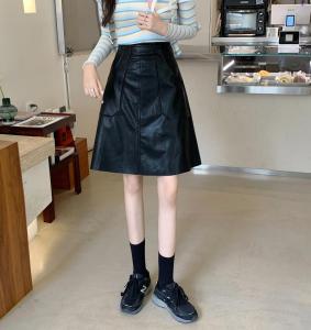 Fall and Winter Plus Size High Waist Pu Small Leather Skirt Mid Length Long Length Plus Size Ladies Stylish A- line Skirt Slim Looking Umbrella Mid-Skirt