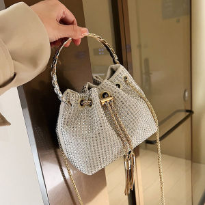 Diamond Encrusted Bucket Bag Womens Summer 2024 Fashionable Versatile Crossbody Chain Handbag Handheld PU Leather Bag