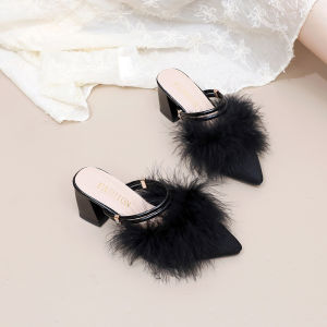Womens Slippers 2024 New Arrival Summer Outwear Closed Toe Half Slippers Womens Plush Feather High Heel Fashion Trending Sandals