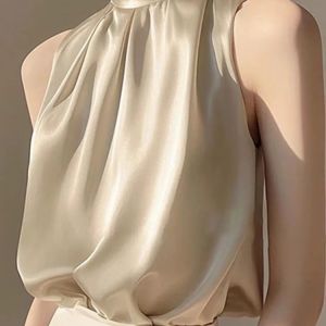 Elegant Red Hanging Neck Silk Shirt French Style Shoulder Bared Sleeveless Womens Top Age Defying Small Shirt Female Garment