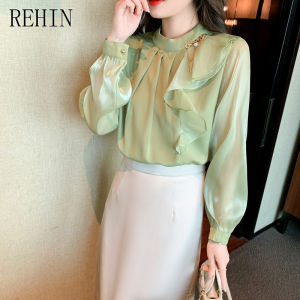 REHIN 2024new design niche long-sleeved shirt fashion Korean version of the light Elegant women Chiffon blouse