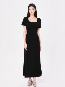 French Elegant Square Collar Short Sleeve Dress Womens Summer New Gauze Black High-End Feeling Small Size Skirt A-Line Dress