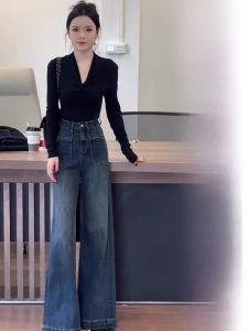ชุดกางเกงขายาวทรงหลวมสไตล์เกาหลี ชุดสองชิ้น แฟชั่นฤดูใบไม้ร่วง ทรงเอ กระโปรงสั้น แขนยาว คอวี สีพื้น