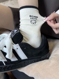 White Cotton Mid-Calf Socks for Women Spring Autumn Style Adorable Dog Pattern Breathable Sweat Absorbent Home Comfort Stockings