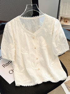 Summer 2025 New Style Self-Preservation Lace Embroidery Square Collar Short Sleeve Womens Shirt Korean Loose Fit Button Detail