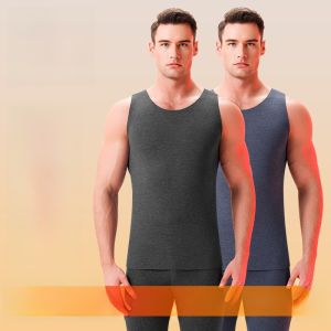Warm Fleece Lined Vest Mens Thermal Seamless Base Layer Inner Wear Polyester Fiber round Neck Solid Color Winter Vest