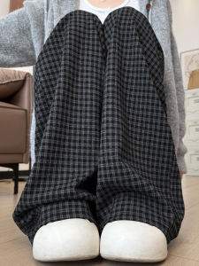 Ladies High Waist Loose Fit Casual Plaid Pants Korean Style Commute Element Pocket Detail Polyester Blend Wide Leg Trousers