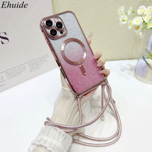 Luxury Magnetic For iPhone 17 Pro Max Case 16 14 13 12 11 15 Plus Glitter Clear Plating Shockproof Strap Crossbody Lanyard Cover