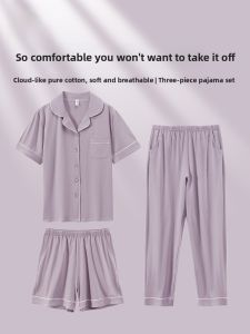 MiiOW | Pure Cotton Summer Thin Loose Comfortable Womens Sleepwear Set Home Clothes Three-Piece Set Simple Style Short Sleeve Nightgown