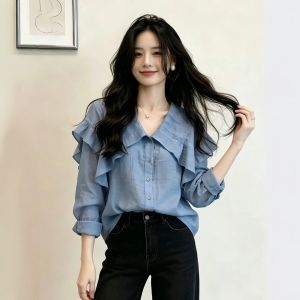 Blue V-Neck Slim Design Large Size Womens Shirt