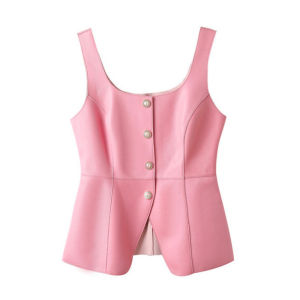 XMO | Tailored Waist-Cropped Sleeveless Leather Vest Women Black Sheepskin
