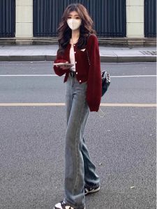 เรียบหรู สไตล์ฝรั่งเศส สั้น เสื้อสเวตเตอร์ถัก เสื้อโค้ท ผู้หญิง แฟชั่น ดีไซน์ ลำลอง Chic คอวี แขนยาวติดกระดุม ถัก ด้านบน