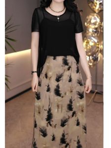 MAIMEI | Fashionable Floral Print Midi Dress Womens Fake Two-Piece Ensemble Light Maturity Style Mommy Clothes Anti-Aging Skirt