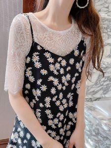 เรียบหรู คอกลม ลูกไม้ เสื้อยืดบาง ตาข่าย เดรส เสื้อสายเดี่ยว ฤดูร้อน เสื้อท่อนบน สลิมฟิต ความยาวปานกลางสีบริสุทธิ์ชุดวันเกิด