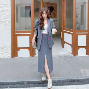 Gray Premium Lady Style Suit Set Womens Fashion Long Skirt Two-Piece Autumn New Arrival Casual Wind Polyester Fiber Long Dress