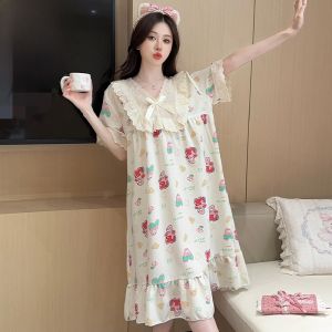 ชุดนอนผู้หญิงแขนสั้นผ้าฝ้ายแท้ฤดูร้อน ชุดนอนพิเศษสำหรับคุณแม่วัยรุ่น แขนสั้น ความยาวปานกลาง ไซส์ใหญ่ ชุดนอนในบ้าน