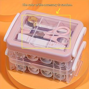 1 Set Portable Sewing Needle and Thread Box Set with Three Layers of Handmade Needle and Thread Storage Box Transparent Storage