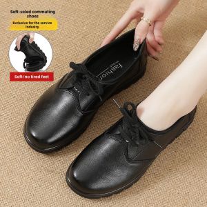Authentic Leather Work Shoes Womens Black Non Slip Leather Shoes Flats Womens Shoes Hotel KFC Professional Low-Cut Flats Large Size Shoes