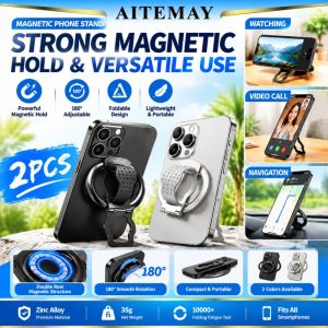 Aitemay 2pcs N52 Strong Magnetic Phone Stand Zinc Alloy Ring Holder 180 Degree Rotation Foldable Kickstand Car Mount For iPhone Samsung Universal Smartphone Accessory Black Silver