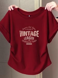 Áo Thun Nữ Tay Ngắn Màu Đỏ Rượu Vang Mùa Hè 2024 Mới Thời Trang Đa Năng Giảm Tuổi Tác Eo Gấp Áo Thun Cotton Pha Trộn