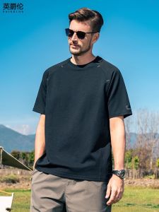 Enjeolon Mens Short Sleeve T-Shirt Long Staple Cotton Cooling Fabric Loose Fit Shoulder Insert Design Casual Summer Top