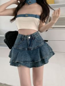 High Waist Denim Mini Skirt Womens Summer New Style Splice Design Sensation Gored Hem Small Size a Line Skirt