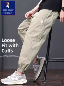 Quick Dry Thin Nine Points Casual Pants Mens Trendy Workwear Sports Cuffed Trousers Loose Fit Long Pants Cotton Blend