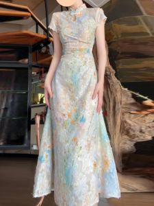 CHANGTONG | Elegant Young Womens New Chinese Style Qipao Dress High Waist Printed Long Skirt Short Sleeve Button Closure A-Line Gown