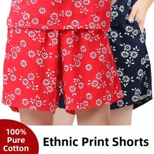 High Waist Pure Cotton Printed Wide Leg Pants Summer Thin Loose Shorts Womens Youth Fashion Casual Beach Pants