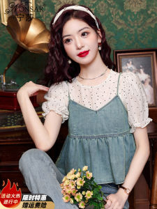 Summer Polka Dot Short Sleeve Chiffon Top And Denim Halter Dress Two Piece Set for Small Size Women New 2025 Fashion Ladies Tee