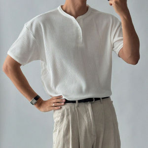 Ssumenam | Old Money Style Henry Collar Waffle Short Sleeve T-Shirt
