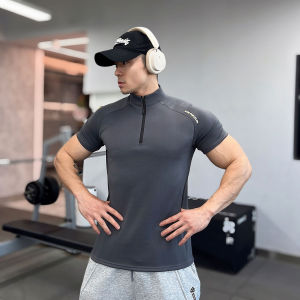 JIANSHENSHIJIAJIANSHEN | Gym Training Half-Zip Fitted Muscle T-shirt