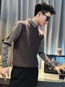 Mens Knitted Sweater Fleece Lined Thick Casual Base Layer Shirt Inner Wear Two-Piece Set Fashionable Urban Style Long Sleeve
