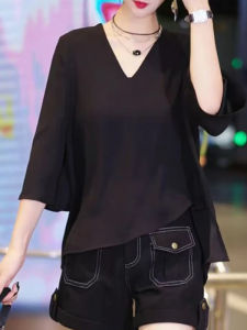 BINKAFENNY | เสื้อยืดคอกลมแขนสั้นทรงหลวมสำหรับผู้หญิงไซส์ใหญ่ในช่วงฤดูร้อน ทรงไม่สมมาตร แขนสั้น ทรงเข้ารูป สไตล์เกาหลี เสื้อแขนสั้น