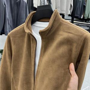 Thickened Fleece Lined Zipper Hoodie Jacket Mens Stand Collar Knitted Warmth Polyester Solid Color Casual Outerwear Coat