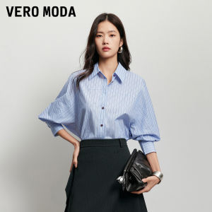 Vero Moda | Áo Sơ Mi Cổ Đứng Dáng Batwing Sọc Đối Chiếu Cotton Nguyên Chất Mới Thu