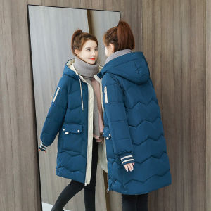 Womens Mid-Length Thickened Cotton Jacket Winter Coat Bread Style Casual Loose Korean Fashion Commute Wave Splicing Patch