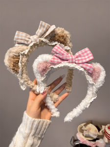 Cute Bear Ear Hairband with Bowknot Plush Hairband Womens Lace Hairband Face Washing Hair Clip Childrens Hair Accessory