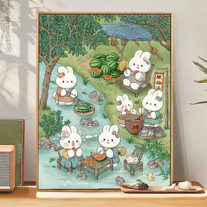 ปักลายกระต่ายฤดูร้อน ปักลายครึ่งหน้า ปักลายห้องนั่งเล่น สไตล์โมเดิร์นเรียบง่าย ปักลายกระต่ายสุดน่ารัก ปักลายด้วยมือ งานฝีมือ