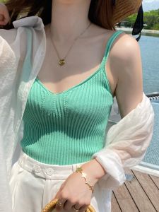 เสื้อกั๊กถักแขนกุดคอวีสีพื้นสำหรับผู้หญิงในช่วงฤดูร้อน เสื้อชั้นในเซ็กซี่ ดีไซน์หลังเซ็กซี่ ชุดทำงาน ชุดลำลอง ชุดทำงาน