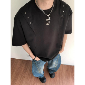 American Style Heavy Metal Deconstructed Shoulder Pad Short Sleeve Mens T-Shirt Summer Trendy High Street Loose Half Sleeve Body T-Shirt