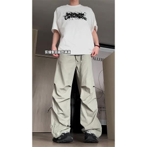 Gray Paratrooper Workwear Pants Mens Summer Straight American Vibe Nylon Quick Dry Cargo Pants Loose Fit Low Waist Long Trousers