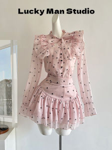 Pink Set Dress Women Spring Autumn New French Sweet Gentle Dopamine Heart Polka Dot Top Short Skirt Two Piece Set Fashionable